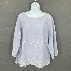 Liz Claiborne‎ Top Women Sz XL Blue Striped Eyelet Blouse 3/4 Sleeve Lightweight